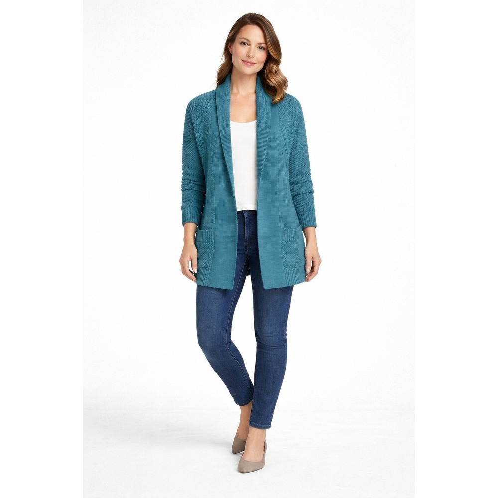 Matilda Jane Women's Medium Cardigan Sweater‎ Teal Blue Waffle Knit Open Pockets